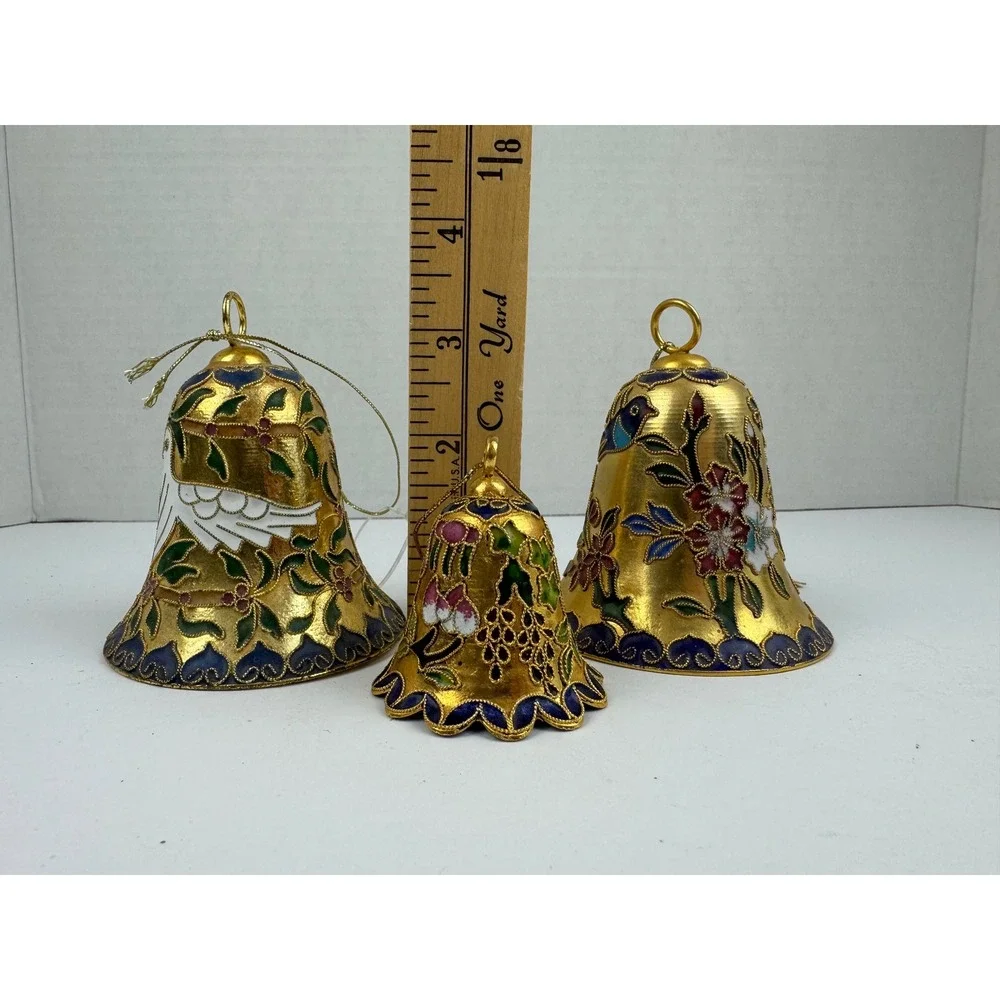 Vintage Precious Cloisonne Bells Set of 3 Gold Plated Enamel Chinese Art Decor